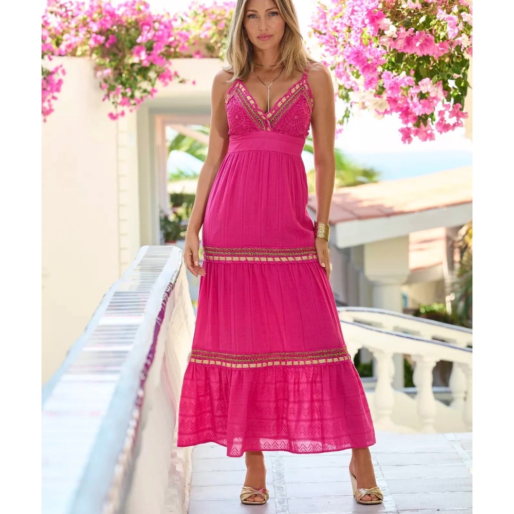 Boston Proper Novelty Lace Inset Metallic Trim Maxi Dress XL Hot Pik NWT